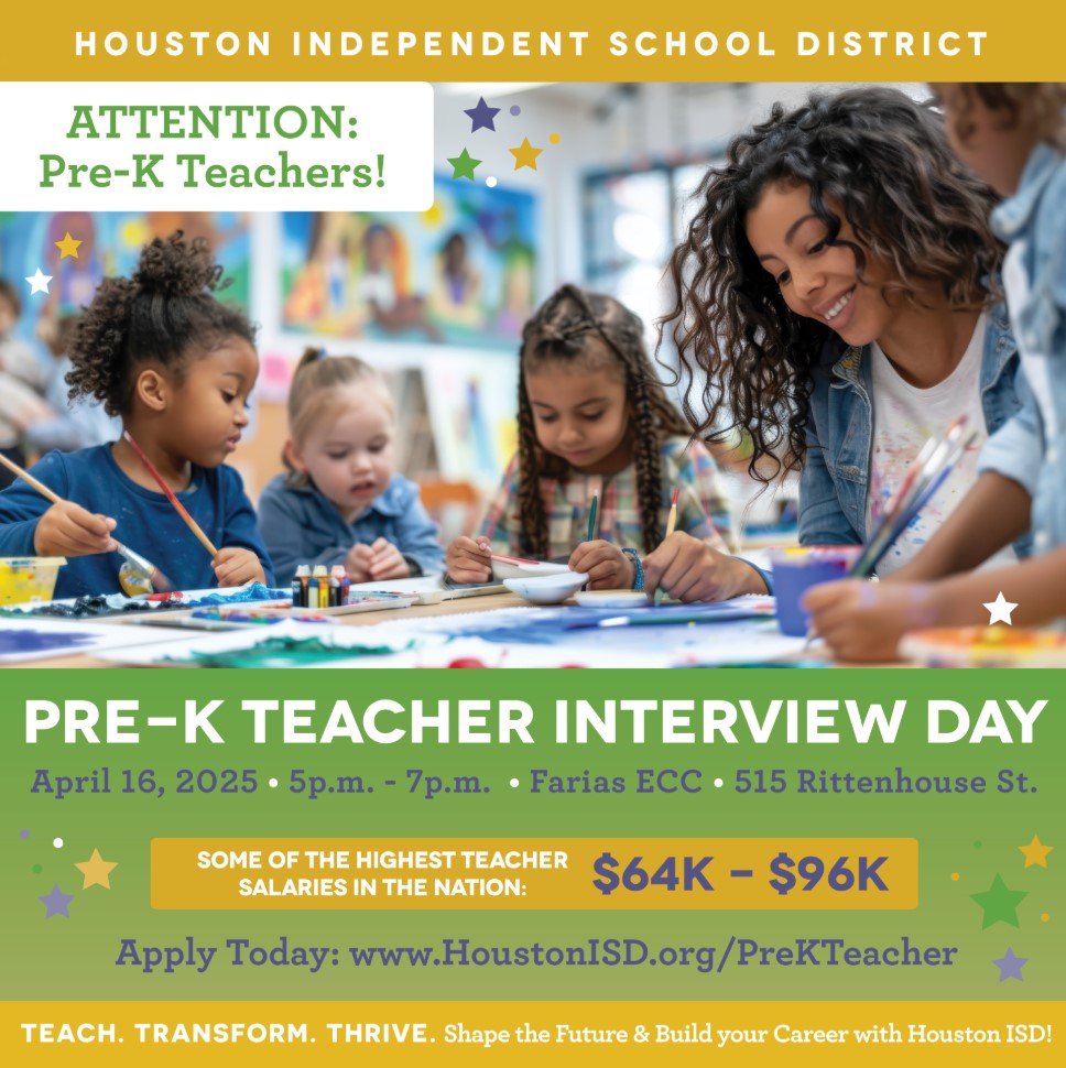 HISD is expanding its Pre-K classrooms for the 2025-2026 school year, and we’re looking for caring, dedicated teachers to grow with us! 🌟 

Register now for our upcoming Pre-K Teacher Interview Day! 🔗bit.ly/4lFrwky

Join us, and tag a teacher friend!