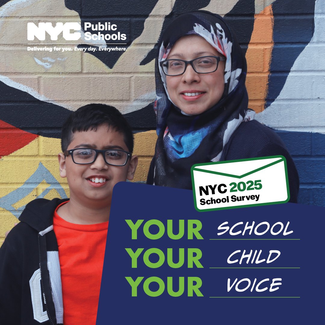 NYC Public Schools (@nycschools) on Twitter photo Your school. 🏫
Your student. 🎒
Your voice. 📢
Take the 2025 #NYCSchoolSurvey TODAY to share your thoughts on how to make <a href="/NYCSchools/">NYC Public Schools</a> a better place to learn.
The survey closes TODAY, April 11.
nycschoolsurvey.org Your school. 🏫
Your student. 🎒
Your voice. 📢
Take the 2025 #NYCSchoolSurvey TODAY to share your thoughts on how to make <a href="/NYCSchools/">NYC Public Schools</a> a better place to learn.
The survey closes TODAY, April 11.
nycschoolsurvey.org