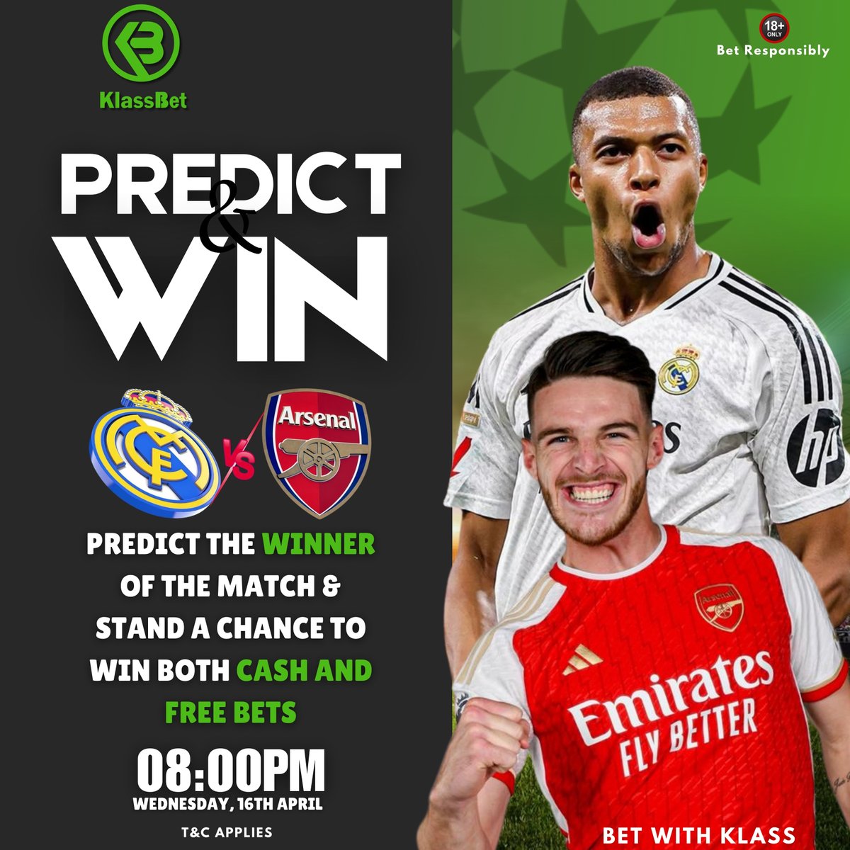 Predict the winners of Real Madrid vs Arsenal
Stand a chance to win Cash and free bets 
⚽ Follow us 
⚽ Like and repost this event 
⚽ Stake a minimum of #100 on your prediction and share the ticket ID on the X comment section 
⚽ 1k cash and free bets for the first 10 winners