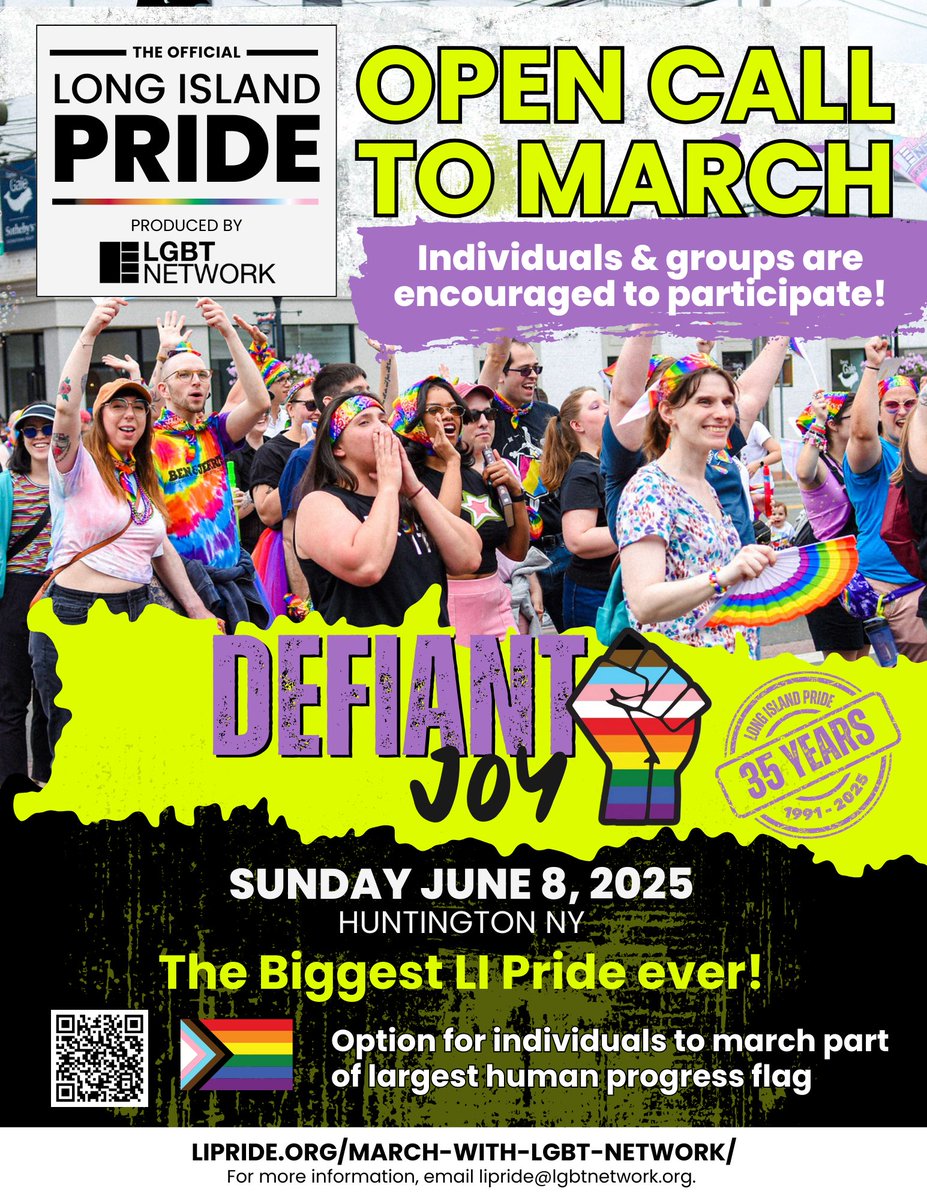 LIPride's tweet photo. ๐ฅ Join Us for the 35th Anniversary Long Island Pride Parade! ๐ Whether you're marching as an individual, with your family, or representing a group, we invite you to celebrate #LIPride with us! โก๏ธ Register to March Today! https://t.co/uYDMiGdQGH https://t.co/QEa6iLdE6g
