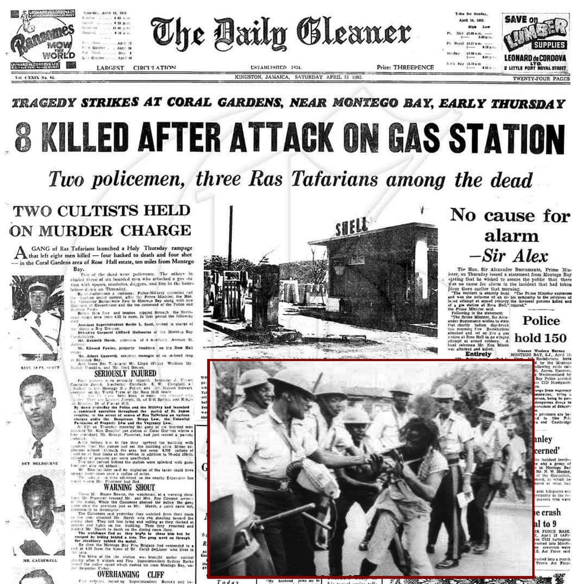 wcchen's tweet photo. “Bad Friday”: 62 years ago on 12 Apr 1963, following a violent clash at Coral Gardens, Montego Bay, #Jamaica which resulted in deaths of 3 Rastafari, 2 policemen, 3 civilians, #Jamaican police, soldiers detained #Rastafari throughout island, abusing, torturing many. #BadFriday https://t.co/N58bfH7NiY