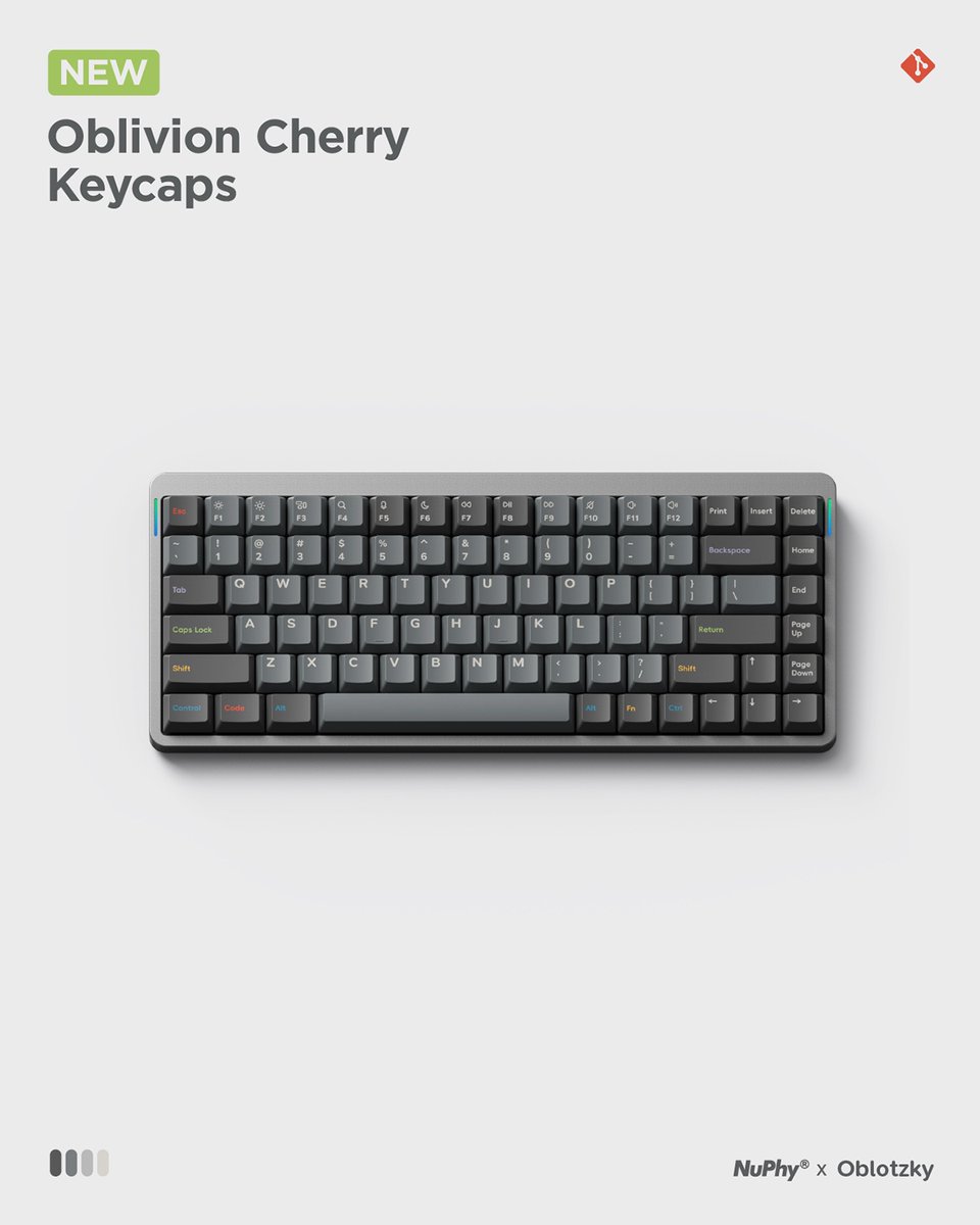 nuphystudio's tweet photo. New Drop: Oblivion Keycaps 🖤💚💙🧡
A tribute to the beauty of code, logic, and terminal aesthetics. 
Crafted in PBT. Built to last. Ready for your desk. ⚙💡

● Profile: Berry
● Material: Dye-sub PBT
● Designer: Oblotzky
● Compatibility: NuPhy Air Series

⌨ Simply use code 'ACC10' to save 10% on your first set. Don't miss out — the offer ends April 24th! 

🛒 https://t.co/tmZXUqzXsq