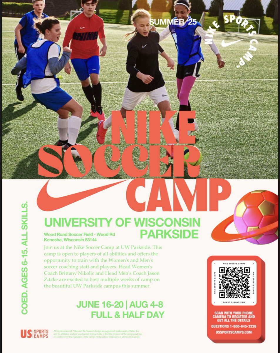 Summer camps announcement!!!!

Your UW Parkside Soccer teams will be hosting Nike Soccer Camps, June 16-20, August 4-8

Register with link below or in bio

We hope to see you all there:) 

ussportscamps.com/soccer/nike/ni…

#Defendtheden // #RangerIMPACT