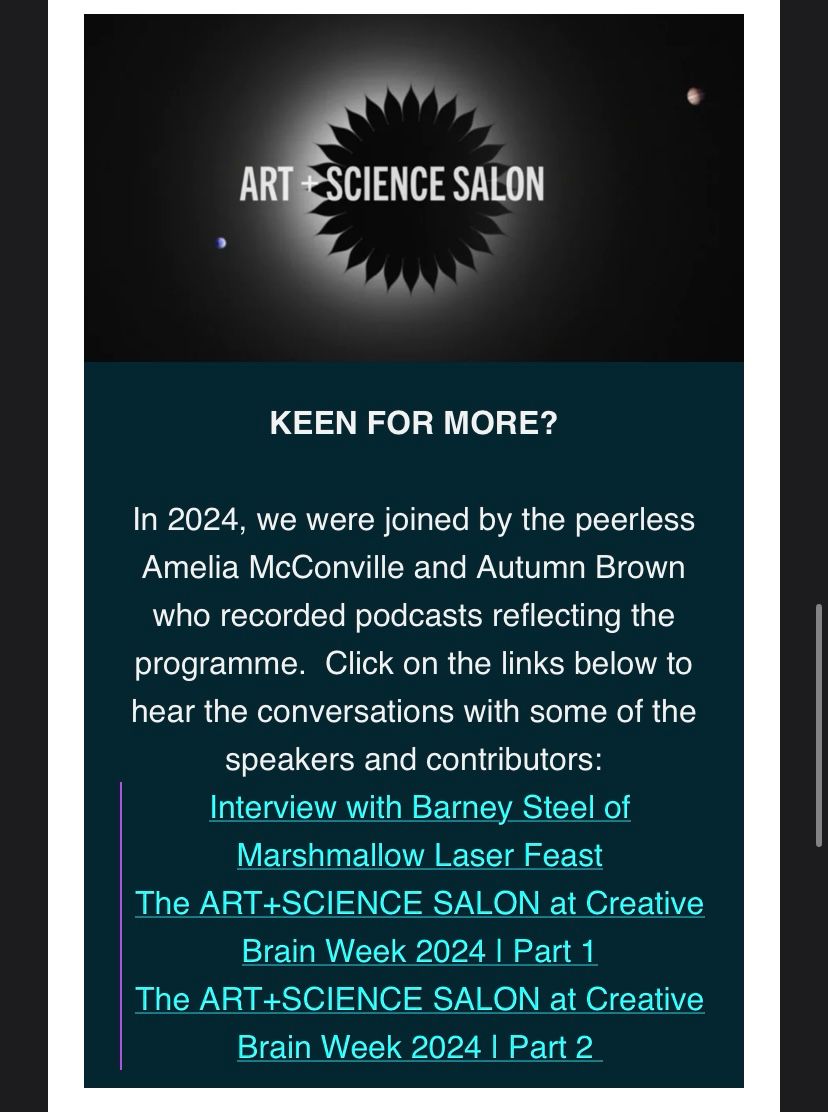 THE ART+SCIENCE SALON (@artplusscisalon) on Twitter photo We were so pleased to get a shout out in the latest email from <a href="/CreativeBrainWk/">CreativeBrainWeek</a>, hearkening back to podcasts we created at last year's celebration of "Attention, Connection, & Love"🧠
Listen to our 2024 episodes: artsciencesalon.org/spotify
CBW2025 is soon: gbhi.org/events/creativ… We were so pleased to get a shout out in the latest email from <a href="/CreativeBrainWk/">CreativeBrainWeek</a>, hearkening back to podcasts we created at last year's celebration of "Attention, Connection, & Love"🧠
Listen to our 2024 episodes: artsciencesalon.org/spotify
CBW2025 is soon: gbhi.org/events/creativ…