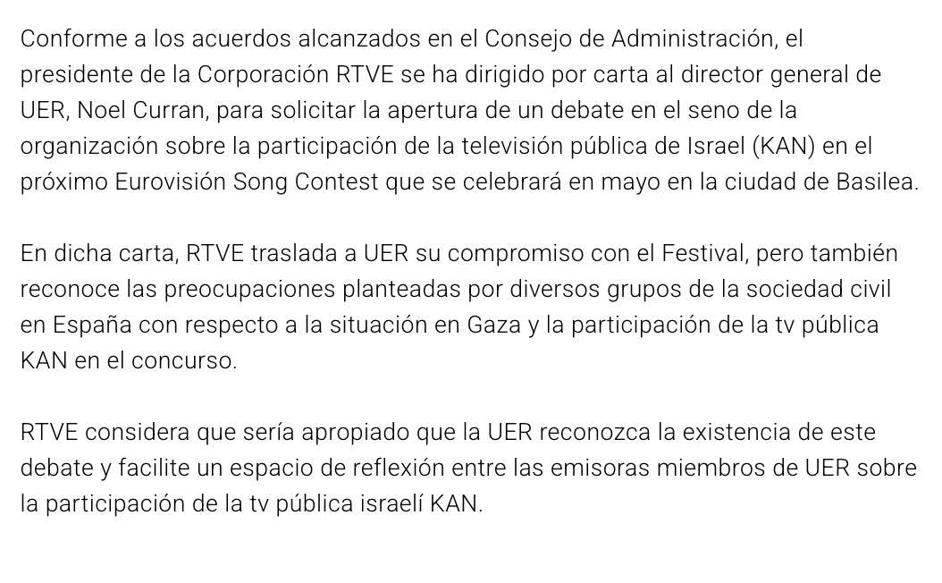 luismesacabello's tweet photo. 🔴 ÚLTIMA HORA: RTVE en un comunicado insta al director general de UER. aabrir un debate sobre la participación de la KAN de Israel en #Eurovision 2025. 

Primera televisión pública que da el paso este año.

🔗 https://t.co/BPHYR6hm1b https://t.co/nokwiG6WoY