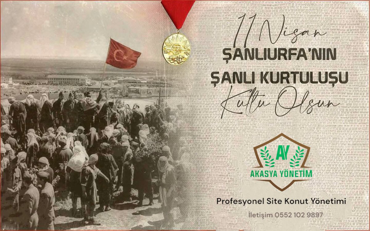 Şanlı şehrimizin düşman işgalinden kurtuluşunun 105. yıldönümünde  11 Nisan Kurtuluş Bayramı'nı kutluyoruz. 

Urfa’nın milli mücadelesine katılan kahramanlarımızı rahmet ve saygıyla anıyoruz. Ruhları şâd, mekanları cennet olsun.. 🇹🇷
#11nisandestanı 
#akasyayönetim