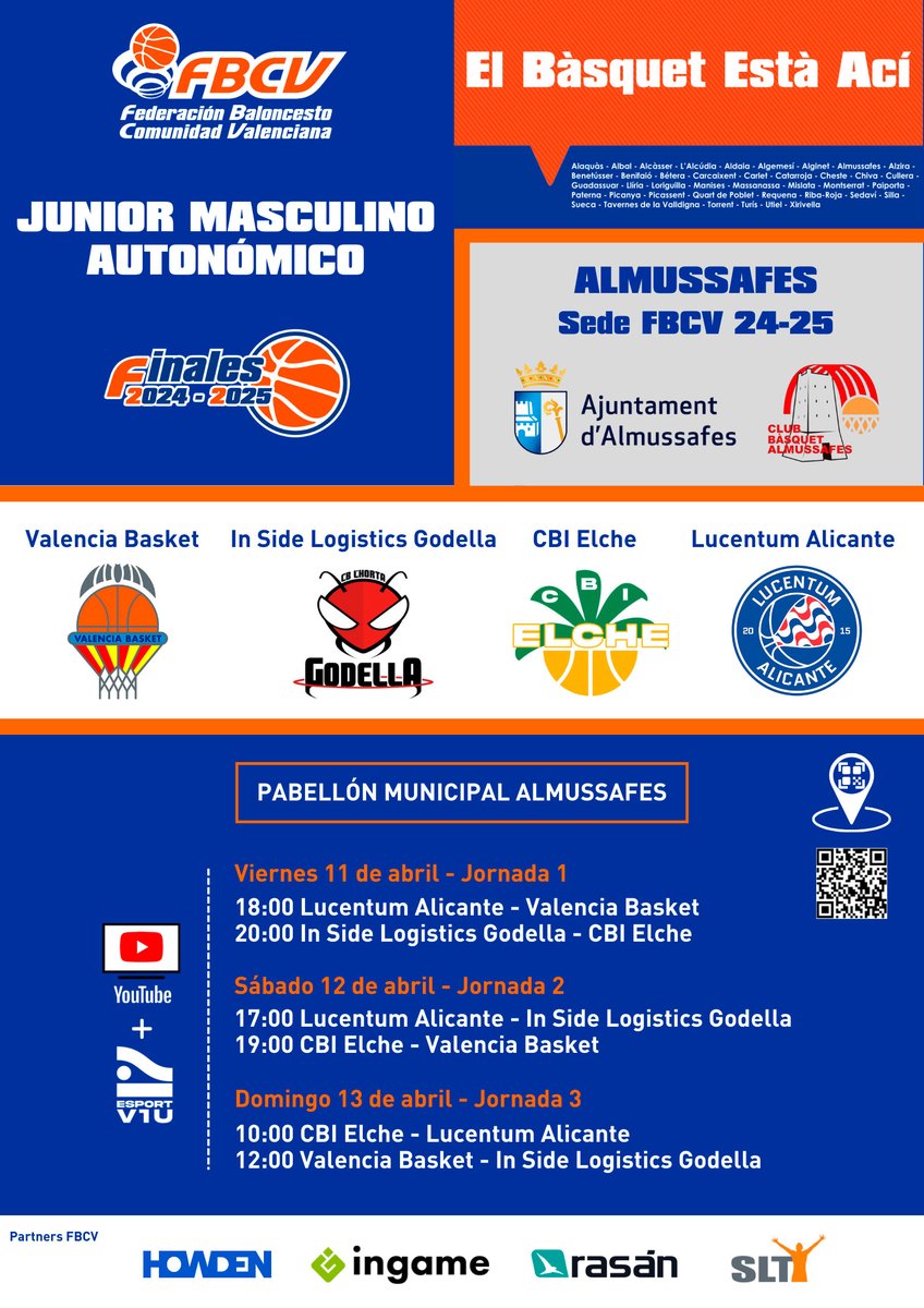 ᴄᴏᴍᴘᴇᴛɪᴄɪᴏɴᴇꜱ | El Bàsquet Està Ací
¡A por la primera Fase Final de la temporada! ➡️ bit.ly/3RJatA0

🏀 Junior Masculino Autonómico - Almussafes 
🏀 Junior Femenino Autonómico - L'Alcúdia
📺 esportviu.es
📺 youtube.com/user/canalFBCV