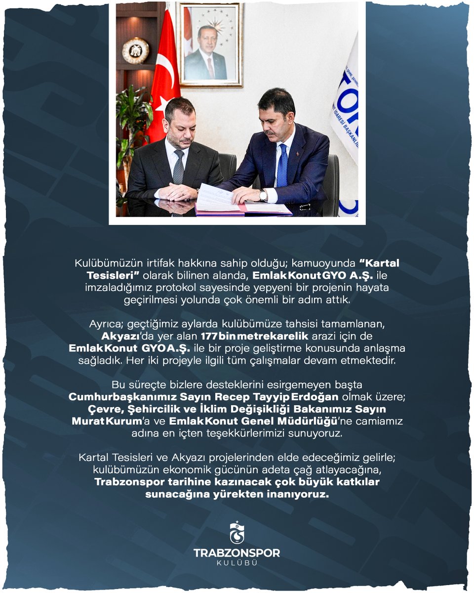 Kulübümüzün irtifak hakkına sahip olduğu; kamuoyunda “Kartal Tesisleri” olarak bilinen alanda, Emlak Konut GYO A.Ş. ile imzaladığımız protokol sayesinde yepyeni bir projenin hayata geçirilmesi yolunda çok önemli bir adım attık.  

Ayrıca; geçtiğimiz aylarda kulübümüze tahsisi