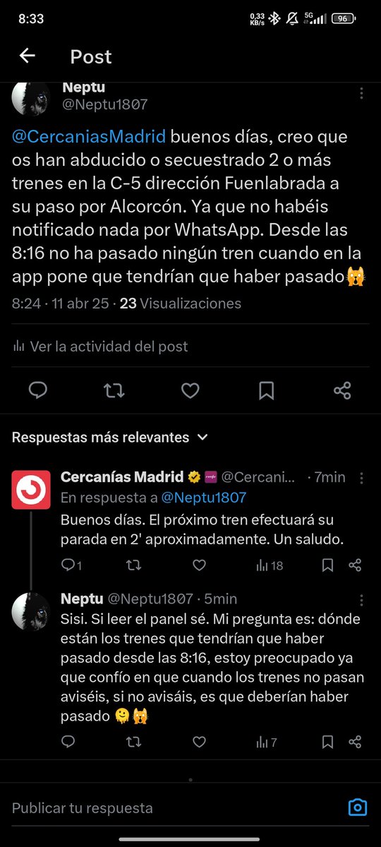 Neptu1807's tweet photo. @CercaniasMadrid y bien? Seríais tan amables de responder? https://t.co/bLMeiOrTW4