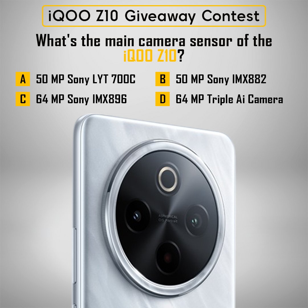 Final Question for the Giveaway - 

Winners will Get Exciting iQOO Goodies

What's the main camera sensor of the #iQOOZ10 ?

1.Follow - @iqoocommunityind on Insta
2. Follow the tagged person 
3. Mention 3 Friends in the comments

#iQOOZ10 #iQOOZSeries #iQOOZ10x #FullyLoaded