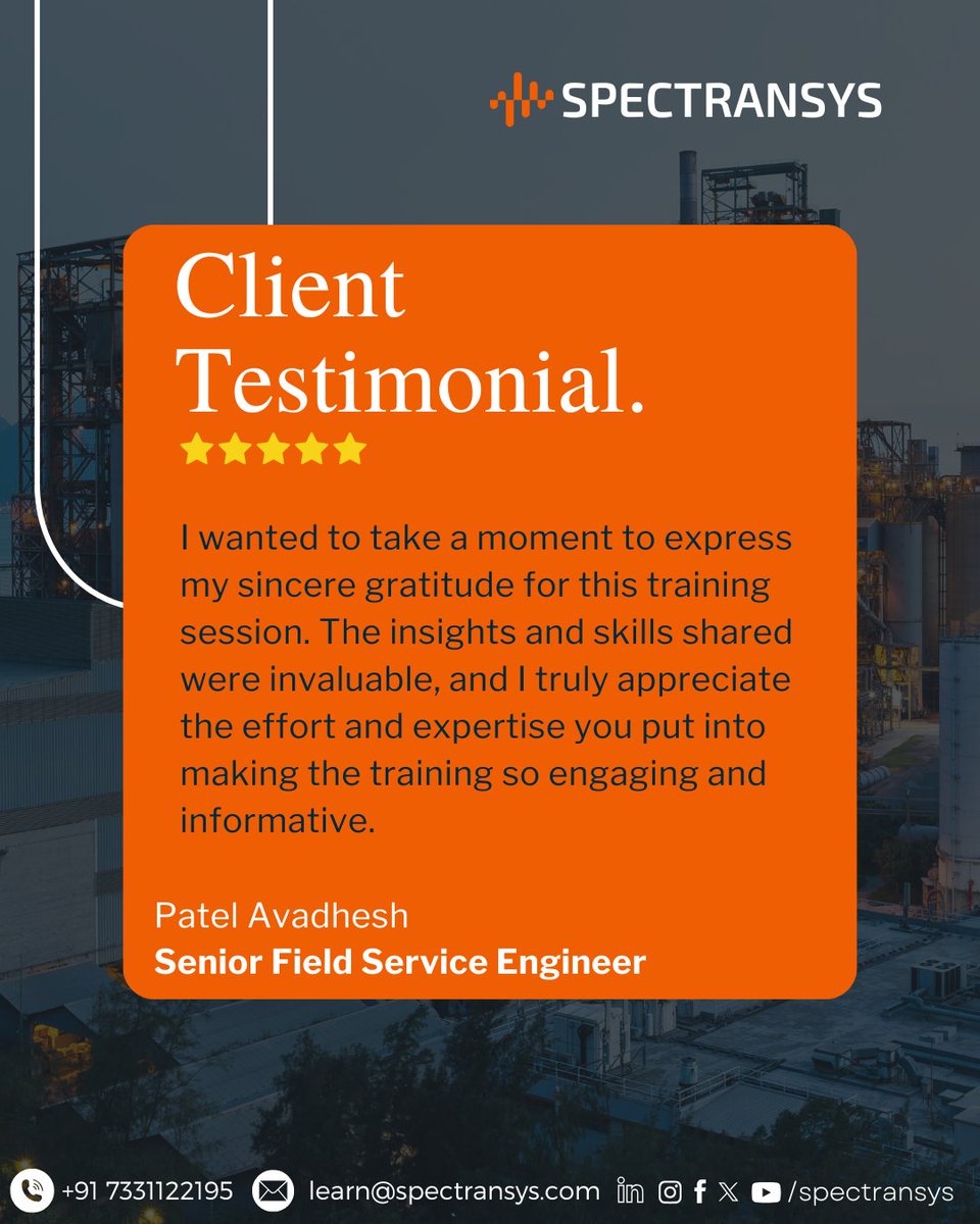 spectransys's tweet image. We’re grateful for the amazing feedback from professionals who have trained with Spectransys. Your appreciation drives us to keep delivering world-class, skill-focused, and career-oriented training.

#Spectransys #EngineeringExcellence #TrainingThatMatters #ConditionMonitoring