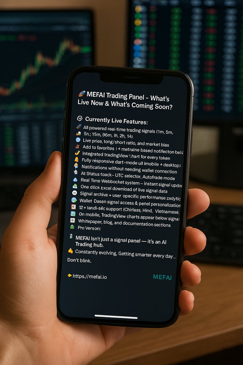 Human_meta_face's tweet photo. 🚨MEFAI Trading Panel 🚨

🎯 Currently Active Features:

+ AI-powered real-time signals (1m, 5m, 15m, 30m, 1h, 4h, 1d)
+ Live price, long/short ratio, bias status
+ Favorites & time-specific notification alerts
+ TradingView integration for every token
+ Mobile & desktop-friendly dark mode UI
+ Receive notifications without wallet connection
+ AI activity status, UTC time selector
+ Real-time WebSocket infrastructure, instant signal updates
+ Download market data in Excel format for analysis

🔜 New Features Coming in 10 Days:

+ Binance API integration for automated trade execution
+ Signal updates based on whale movements
+ Liquidation heatmap & order book depth analysis
+ Advanced funding rate + open interest analytics
+ Historical signal archive + user-specific statistics
+ Wallet-based exclusive signal access & panel customization
+ Mobile charts displayed under signal cards
+ Whitepaper, blog, and documentation pages
+ VIP panels, strategy filtering, custom alert systems

#MEFAI is not just a signal panel—it's an #AI Trading Hub.

📌 Evolving every second, getting smarter every day.

Keep your eyes on us!
👉 https://t.co/99eERsePpr

$MEFA #btc #eth #bnb #tradebot #trade