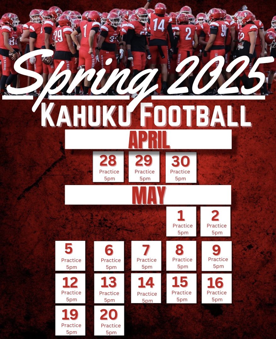 KahukuFB's tweet photo. Kahuku Spring Practice dates released.  Excited to showcase our talent for this upcoming season on the North Shore! https://t.co/IzW0mRc3Mc
