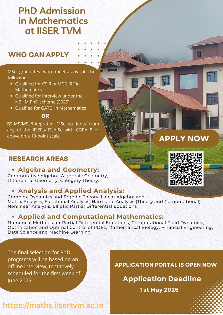 PhD and IPhD/MSc admission in School of Mathematics IISER TVM.