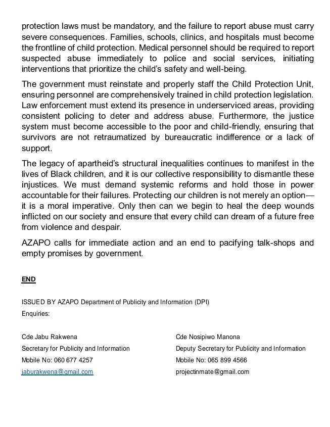 MEDIA ALERT🚨🚨🚨

AZAPO Condenms the Crisis of Child Molestation and Women Abuse.

"From a Black Consciousness perspective, we must confront this crisis not only as a societal failure but as a deliberate byproduct of a state that has abandoned its 
most vulnerable citizens."