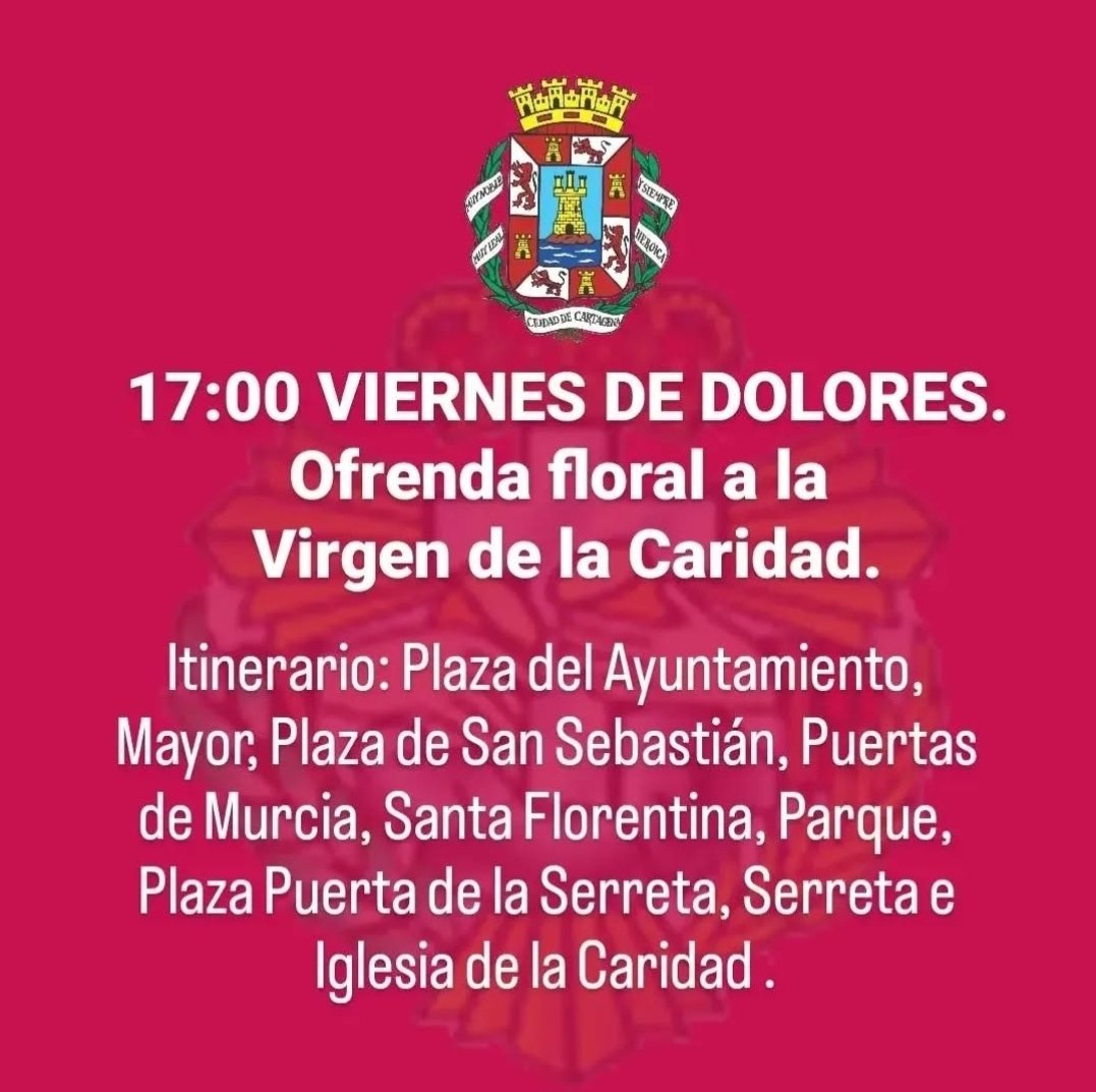 Esta tarde, a partir de las 17.00, tendrá lugar la Ofrenda Floral a la Virgen de la Caridad. Durante toda la jornada, los cartageneros podrán acercarse hasta las puertas de la basílica de la Caridad para llevarle flores a su patrona
#VirgenDeLaCaridad #ViernesDeDolores #Cartagena