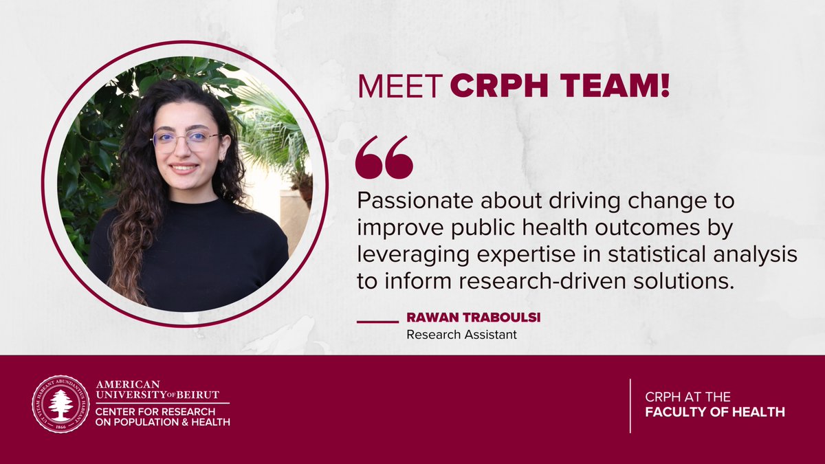 Center for Research on Population and Health (@crph_aub) on Twitter photo Meet Rawan Traboulsi, research assistant at <a href="/CRPH_AUB/">Center for Research on Population and Health</a>
Follow #MeetCRPHteam hashtag for more about #CRPH team members! Meet Rawan Traboulsi, research assistant at <a href="/CRPH_AUB/">Center for Research on Population and Health</a>
Follow #MeetCRPHteam hashtag for more about #CRPH team members!