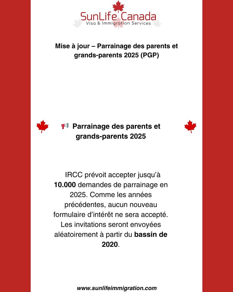 VisaduCanada's tweet photo. 📢 Parrainage des parents et grands-parents 2025
👨‍👩‍👧‍👦 Vous avez besoin d’aide pour réunir votre famille au Canada ? Contactez-nous ! 
https://t.co/sXOE3ayQQs

#ImmigrationCanada #PGP2025 #Parrainage #VisaCanada #RegroupementFamilial https://t.co/A2g44nmwDz