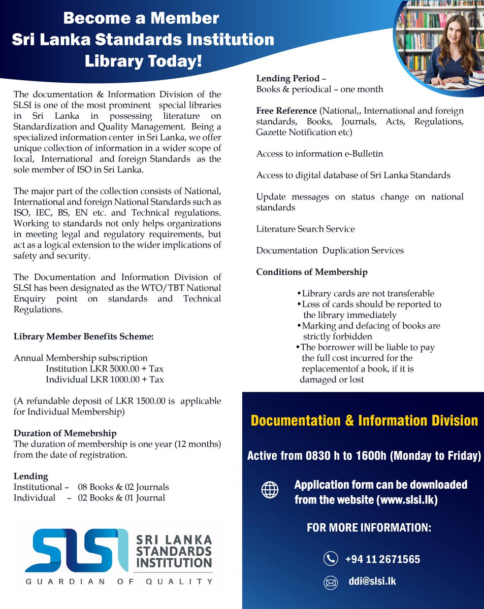 SLSIOfficial's tweet photo. 🔹 Join the Sri Lanka Standards Institution (SLSI) Library – Your Gateway to Standards and Quality Information 🔹
Enhance your access to credible, up-to-date standards and technical knowledge.
#SLSI #LibraryMembership #NationalStandards #TechnicalRegulations #SriLanka #SLS #ISO https://t.co/IllTVNlelD