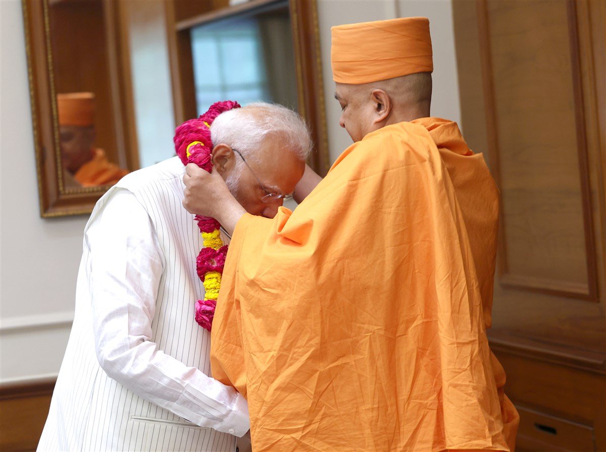 Swami Brahmaviharidas of BAPS Swaminarayan Sanstha met the Honourable Prime Minister of India, Shri Narendra Modi, at his residence in New Delhi. The inspiring goodwill meeting also dwelled upon universal values which promote greater morality, national unity and spiritual harmony