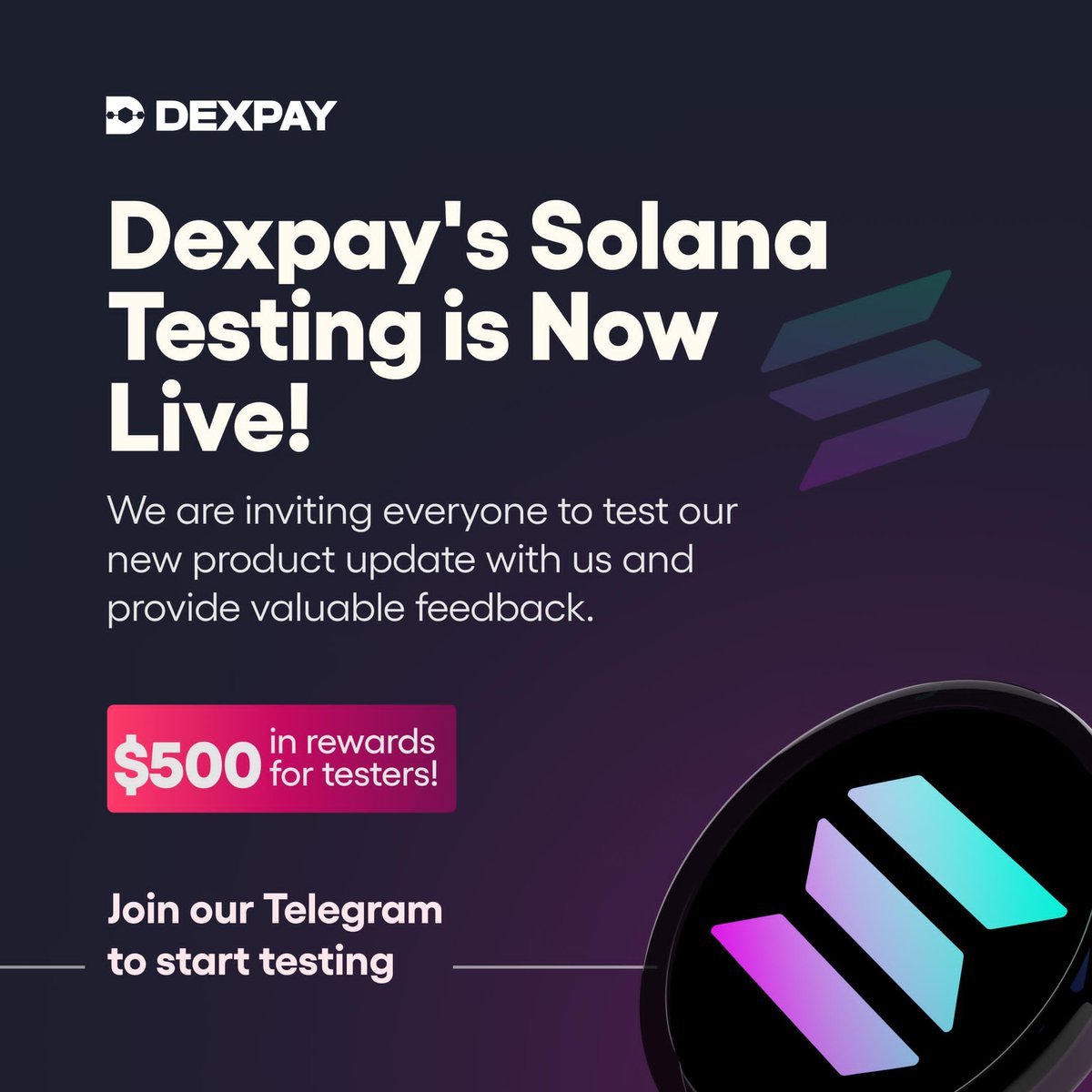usedexpay's tweet photo. GM Dexters!⚡
Dexpay is live on Solana, and testing is still ongoing.
We've gotten great feedback so far, and we are looking forward to more!🔥
Join us now to test Dexpay on Solana and stand a chance to win rewards!
👉 https://t.co/5pJO3NHBSA https://t.co/Aj9Gdj42ve