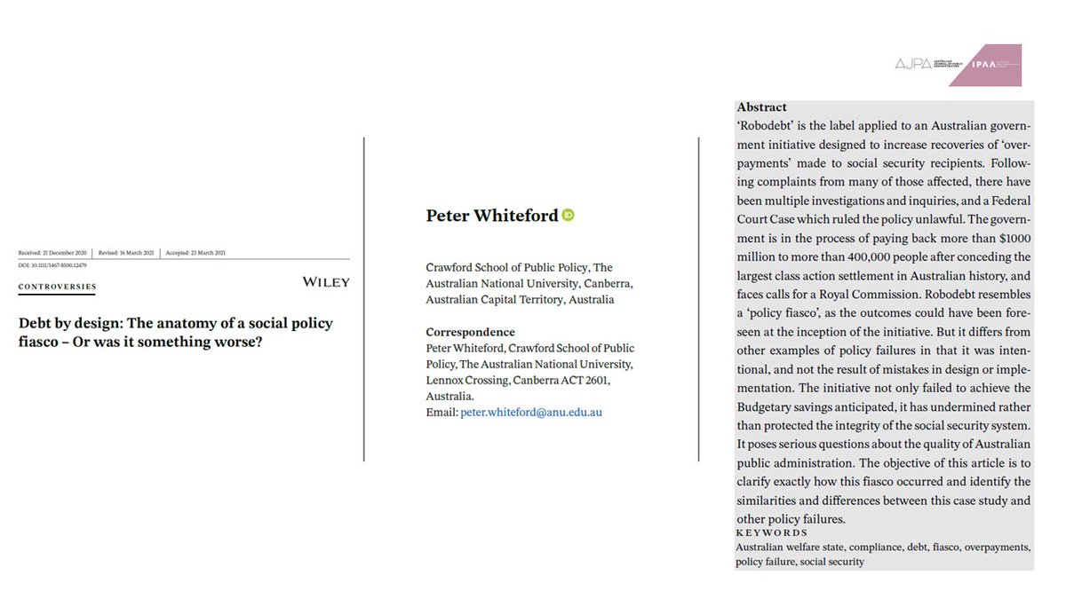 AusJPA's tweet photo. 📣@AusJPA's Top 5⃣ "articles by @altmetric score" for 2⃣0⃣2⃣4⃣
# 5⃣ ❓
@WhitefordPeter discusses the consequences of misguided intentional use of #datamatching in the #publicsector in the case of the #Robodebt #policyfiasco in 🇦🇺👇
https://t.co/1jXjScT4al https://t.co/lVhGYuLGBq