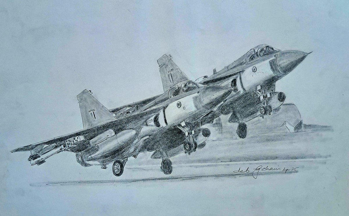 hvtiaf_bharat's tweet photo. Absolute beauties. LCA Tejas Technology Demonstrators. Test Pilots, Air Chief Marshal RKS Bhadauria, and Air Marshal Vikram Singh. Artists impression/recreation by Deb Gohain. https://t.co/rzFGYVjQD7
