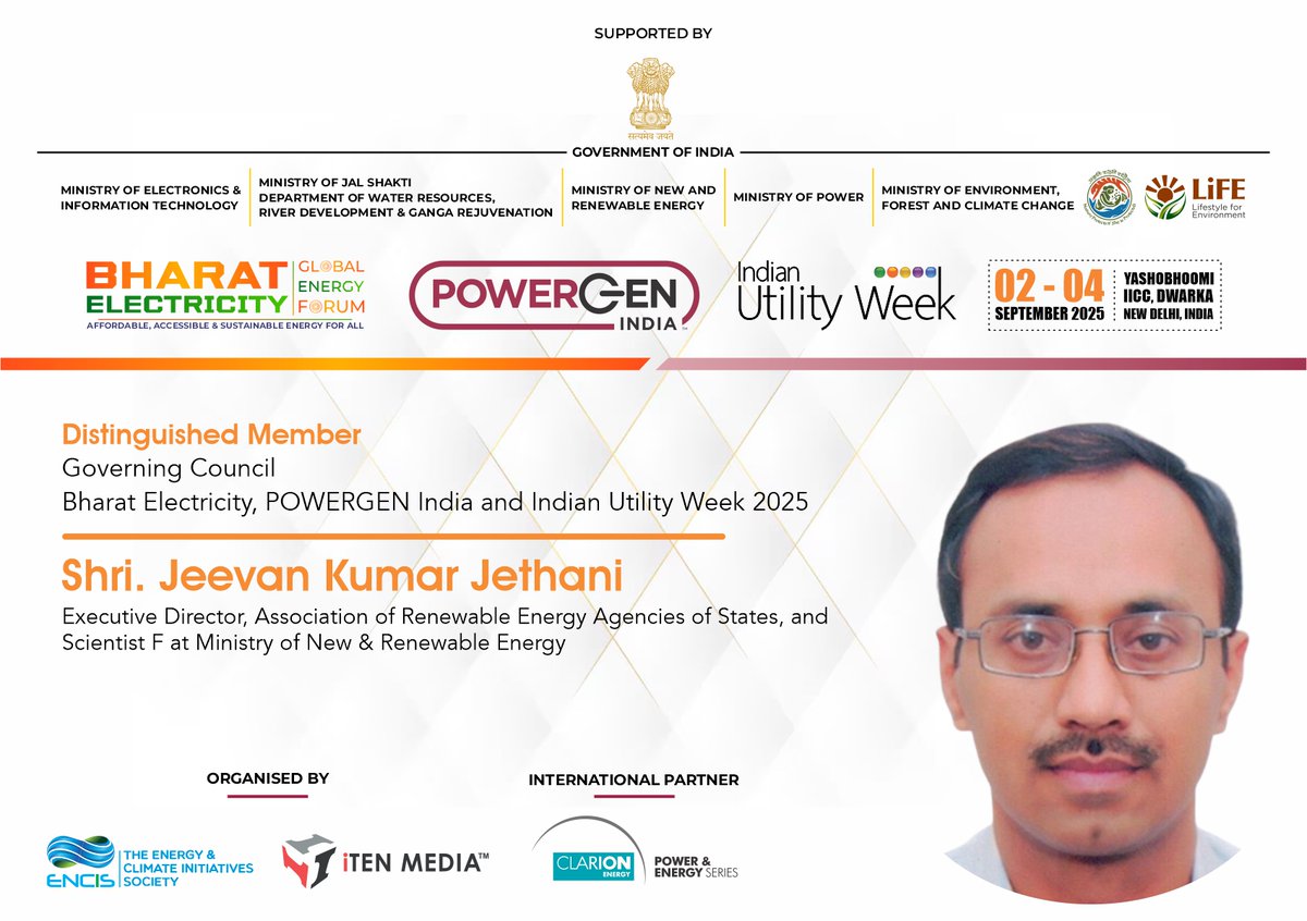 Bharat Electricity (@bharat_elec) on Twitter photo Honored to welcome Shri. Jeevan Kumar Jethani, ED, AREAS, and Scientist F, <a href="/mnreindia/">Ministry of New and Renewable Energy (MNRE)</a> as a Distinguished Member of the Governing Council for <a href="/Bharat_Elec/">Bharat Electricity</a>, <a href="/PowerGenIndia/">POWERGEN India</a> & <a href="/IndianUtilityWk/">Indian Utility Week</a>.
π
2-4 Sep 25
π Yashobhoomi IICC, New Delhi
π For more infoπ powergen-india.com Honored to welcome Shri. Jeevan Kumar Jethani, ED, AREAS, and Scientist F, <a href="/mnreindia/">Ministry of New and Renewable Energy (MNRE)</a> as a Distinguished Member of the Governing Council for <a href="/Bharat_Elec/">Bharat Electricity</a>, <a href="/PowerGenIndia/">POWERGEN India</a> & <a href="/IndianUtilityWk/">Indian Utility Week</a>.
π
2-4 Sep 25
π Yashobhoomi IICC, New Delhi
π For more infoπ powergen-india.com