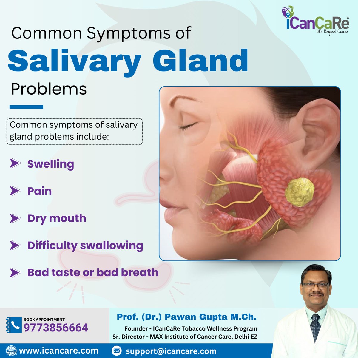 Common Symptoms of Salivary Gland
Problems
Common symptoms of salivary gland problems include:
👉Swelling
👉Pain
👉Dry mouth
👉Difficulty swallowing
👉Bad taste or bad breath

#Innovativecancercare #rehabilitation #breastcancer #breastcancerawareness #cancer #breastcancersurvivor