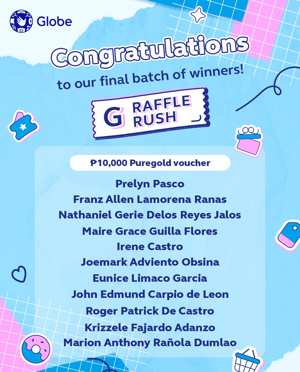 It’s a wrap! Congratulations to our final batch of winners of G Raffle Rush! Thanks for joining us, you made #GlobeMarchHaves a blast. 
Check out more Rewards via GlobeOne: glbe.co/GLOBEOne #GoForwardTogether