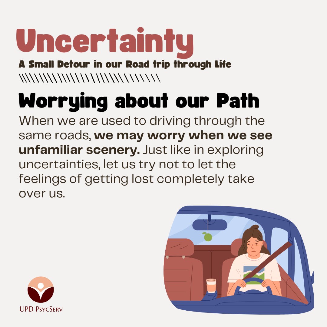 UPDPsycServ's tweet photo. When we are used to driving through the same roads, we may worry when we see unfamiliar scenery. Just like in exploring uncertainties, let us try not to let the feelings of getting lost completely take over us. Let us enjoy the unknown and take time to explore what we like. https://t.co/rkIaoPWGKH