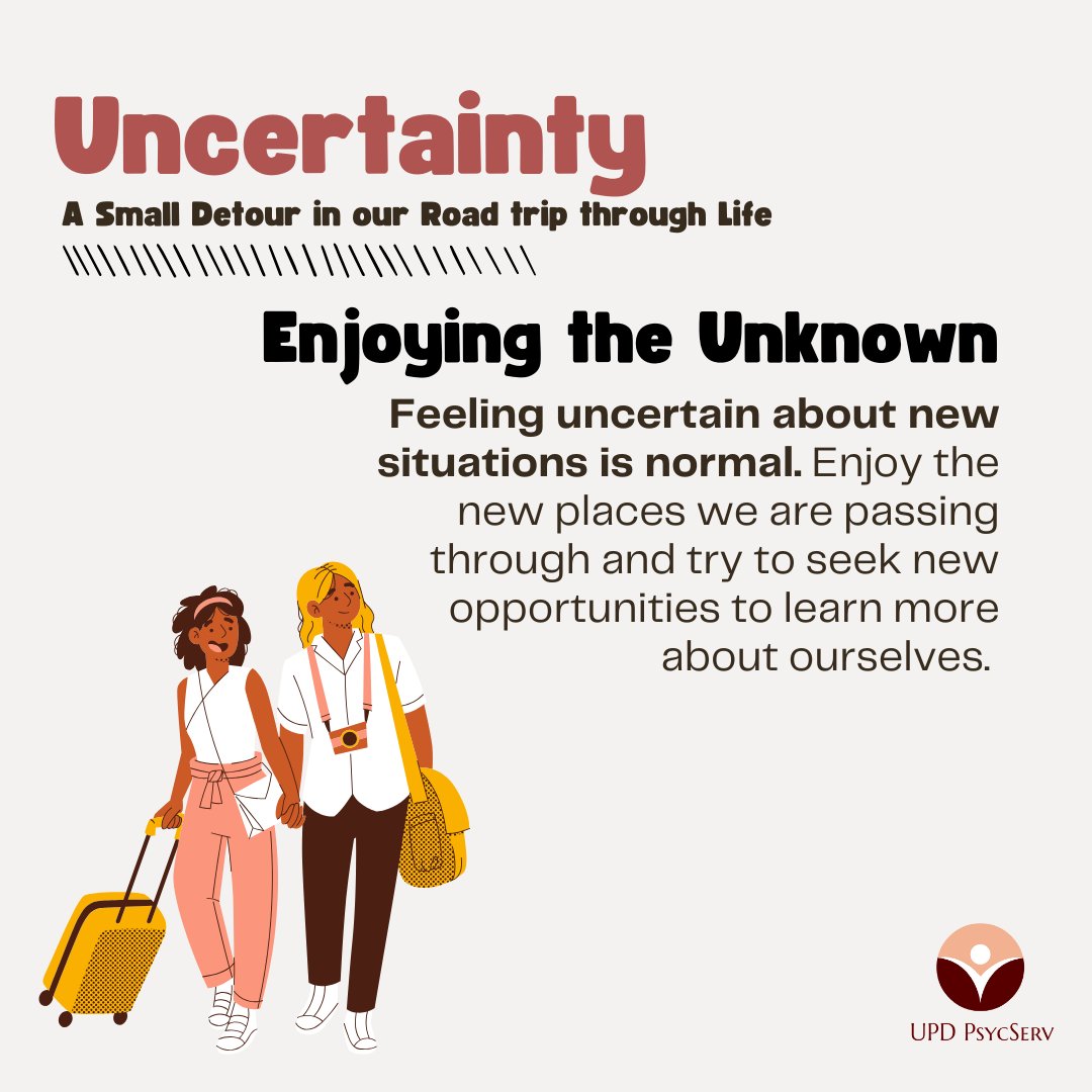 UPDPsycServ's tweet photo. When we are used to driving through the same roads, we may worry when we see unfamiliar scenery. Just like in exploring uncertainties, let us try not to let the feelings of getting lost completely take over us. Let us enjoy the unknown and take time to explore what we like. https://t.co/rkIaoPWGKH