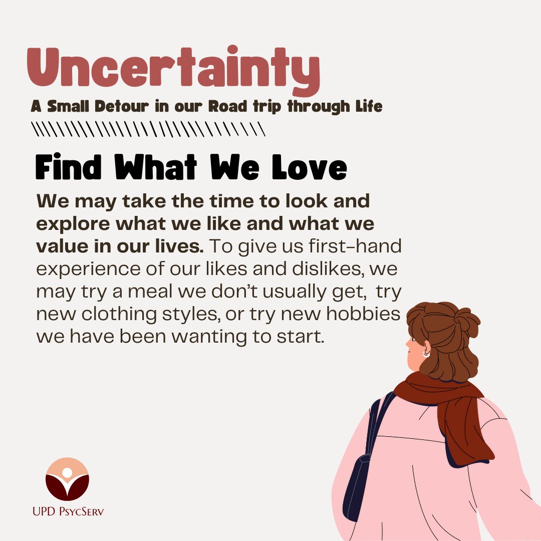 UPDPsycServ's tweet photo. When we are used to driving through the same roads, we may worry when we see unfamiliar scenery. Just like in exploring uncertainties, let us try not to let the feelings of getting lost completely take over us. Let us enjoy the unknown and take time to explore what we like. https://t.co/rkIaoPWGKH
