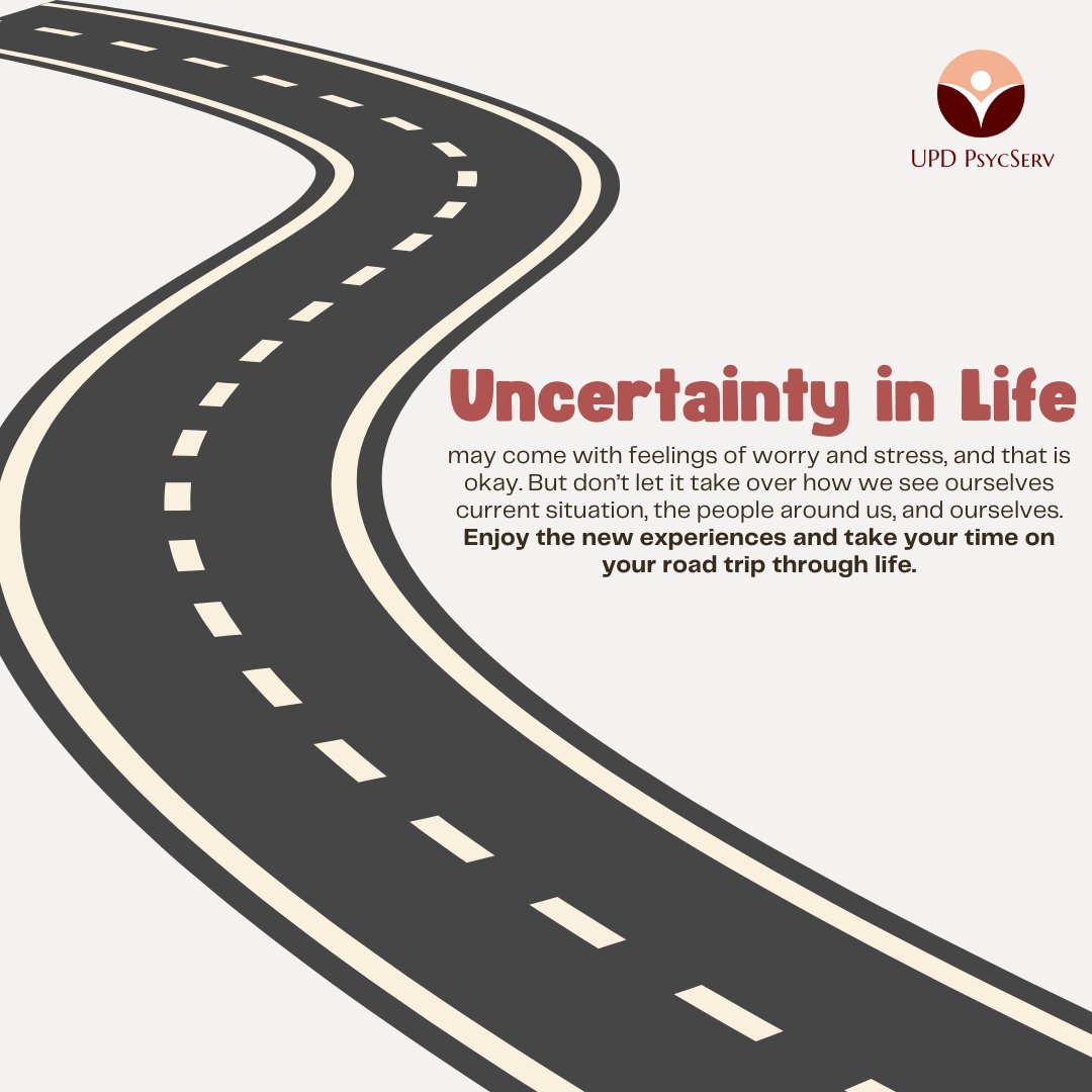 UPDPsycServ's tweet photo. Uncertainties may come with feelings of worry and stress, and that is okay. But don’t let it take over how we see ourselves current situation, the people around us, and ourselves. Enjoy the new experiences and take your time on your road trip through life. https://t.co/jxptLSatKZ