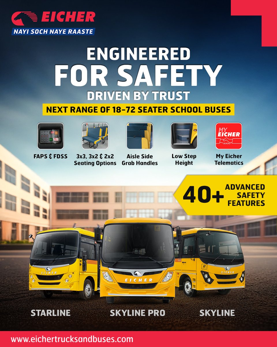 ETBIndia's tweet photo. Presenting Eicher’s next-gen range of 18–72 seater school buses, engineered with 40+ advanced safety features, making it the safest ride to school, every single day.
Know More: https://t.co/Vx9RFShYkH
#EicherBuses #EUTECH6 #EicherBSVI #EicherBus #EicherTrucksAndBuses https://t.co/9JOBSnGAZQ