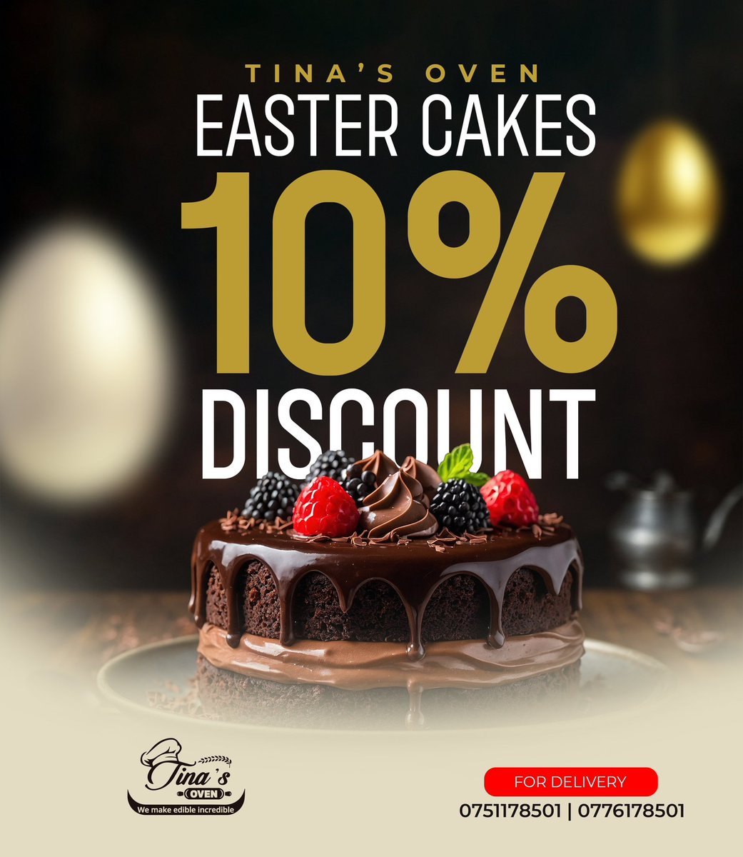 This Easter, treat yourself, or loved ones to sweetness &amp; save! 

Enjoy a 10% DISCOUNT on all Easter cakes from Tina’s Oven. Moist, rich, &amp; beautifully decorated. 
Order now &amp; make your celebration extra special! 

Contact us 0751178501 | 0776178501

#TinasOven #EasterDiscount