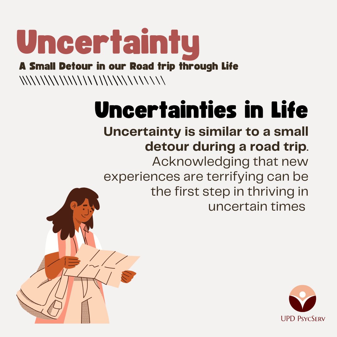 UPDPsycServ's tweet photo. Uncertainty: Taking Detours in our Road trip through Life

Uncertainty is similar to a small detour during a road trip. Acknowledging that new experiences are terrifying can be the first step in thriving in uncertain times.

(Content and graphics by Raffy Sunga) https://t.co/Hbn0KHpiLh