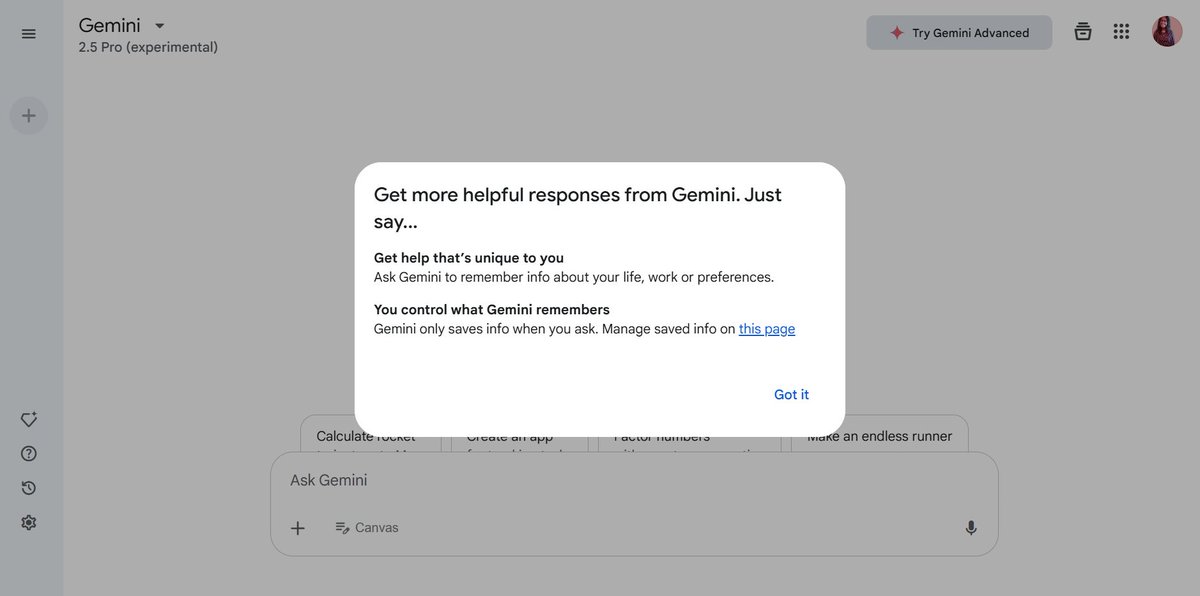 Harshala Chavan (She/Her) (@harshalachavan7) on Twitter photo A few hours back, saw <a href="/sama/">Sam Altman</a>'s tweet on ChatGPT remembering past interactions across chats.
When I opened Gemini, I got this info.
That's how it needs to be - give the power to the end user on how their data is recorded, what I want to give, and use for my work!
#googlegemini A few hours back, saw <a href="/sama/">Sam Altman</a>'s tweet on ChatGPT remembering past interactions across chats.
When I opened Gemini, I got this info.
That's how it needs to be - give the power to the end user on how their data is recorded, what I want to give, and use for my work!
#googlegemini