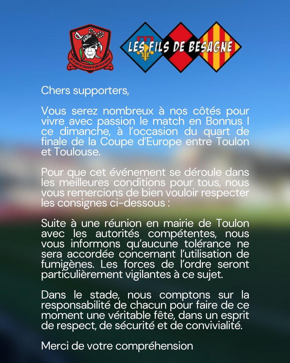 Les Fils de Besagne (@filsdebesagne) on Twitter photo ‼️ Informations à prendre en compte pour dimanche !
<a href="/FadasRCT/">Les Fadas du RCT</a> <a href="/RCTofficiel/">RCT – Rugby Club Toulonnais</a> ‼️ Informations à prendre en compte pour dimanche !
<a href="/FadasRCT/">Les Fadas du RCT</a> <a href="/RCTofficiel/">RCT – Rugby Club Toulonnais</a>