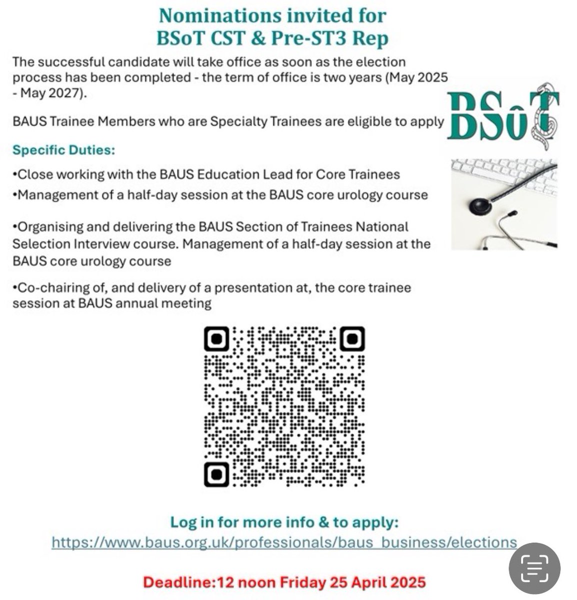 📣 Nominations invited for the BSoT CST &amp; Pre-ST3 Rep

📆 Deadline: 12pm Friday 25th April 

A great opportunity to support core trainees, particularly in preparation for ST3 applications

Link ⬇️ for further info and nomination form

baus.org.uk/professionals/…