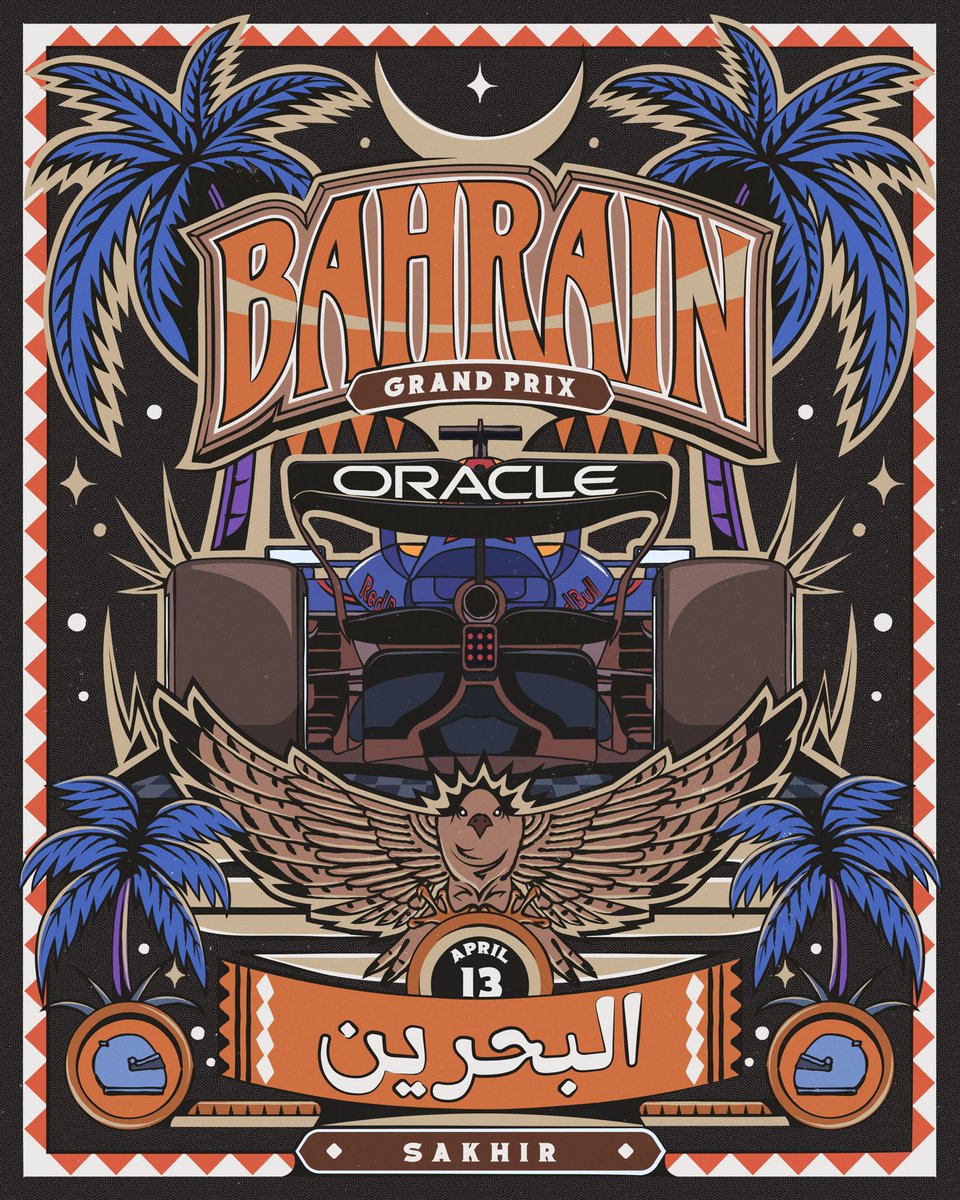 Nick (@chuangraphics) on Twitter photo New work for <a href="/redbullracing/">Oracle Red Bull Racing</a>! 🎨
Ready to cruise again under the Arabian night! Going full retro for this week’s poster, featuring some nods to Bahrain such as palm trees and falcon 🇧🇭
#f1 #illustration #BahrainGP New work for <a href="/redbullracing/">Oracle Red Bull Racing</a>! 🎨
Ready to cruise again under the Arabian night! Going full retro for this week’s poster, featuring some nods to Bahrain such as palm trees and falcon 🇧🇭
#f1 #illustration #BahrainGP