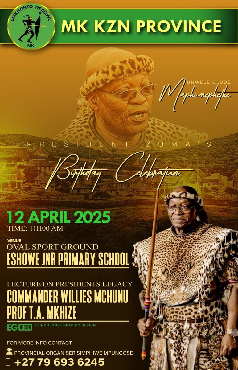 MKP Medics will also be in attendance, offering FREE health screenings for TB, Blood Sugar, and Blood Pressure.

Let’s come together to honor a remarkable leader and prioritize our health!

#PresidentZuma #BirthdayCelebration #MKZNProvince #Legacy #HealthAndWellness