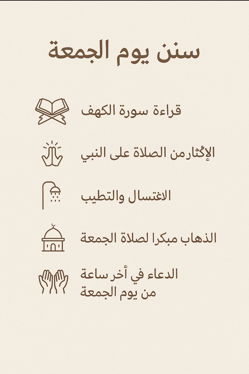 ”﴿يَا أَيُّهَا الَّذِينَ آمَنُوا إِذَا نُودِيَ لِلصَّلَاةِ مِن يَوْمِ الْجُمُعَةِ فَاسْعَوْا إِلَىٰ ذِكْرِ اللَّهِ﴾
في يومٍ فضّله الله، لا تنسون سننه: سورة الكهف الصلاة على النبي الدعاء ، والاغتسال 💞💞