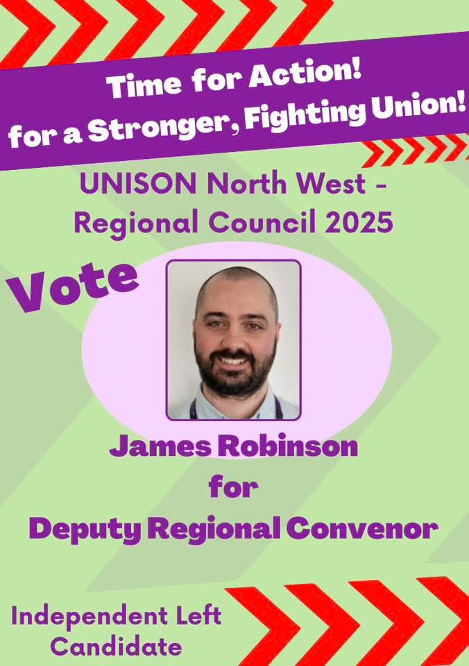 James4Nec62149's tweet photo. NW UNISON regional council
Thanks to all of those who have voted and reached out and offered support.
No matter what happens now, I know we have a call within our region for something new, a fresh approach, and a truly #organisedLEFT
Less talk, more action, more wins! https://t.co/6ZFjASqzMs