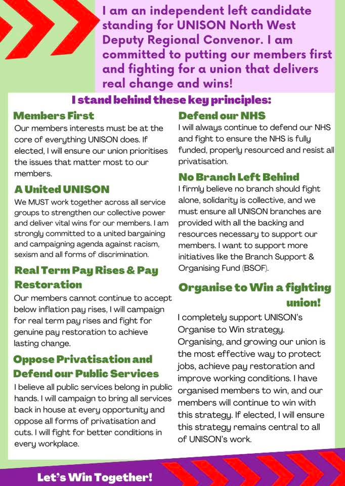 James4Nec62149's tweet photo. NW UNISON regional council
Thanks to all of those who have voted and reached out and offered support.
No matter what happens now, I know we have a call within our region for something new, a fresh approach, and a truly #organisedLEFT
Less talk, more action, more wins! https://t.co/6ZFjASqzMs
