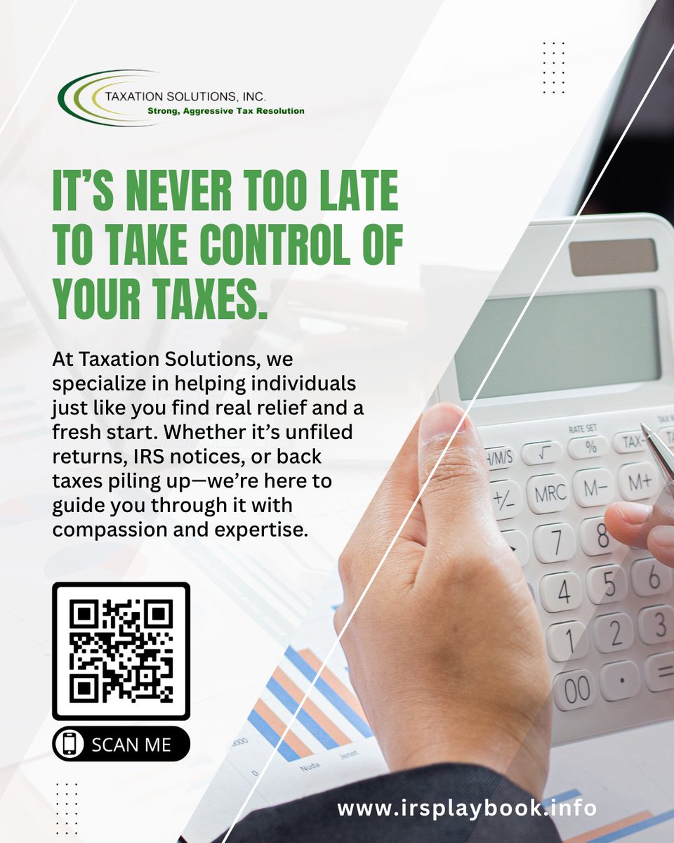 TaxationSltns's tweet image. ⏳ It’s never too late to take control of your taxes.
Feeling overwhelmed by years of unfiled taxes or past mistakes? You&apos;re not alone—and you&apos;re not stuck.

#TaxRelief #UnfiledTaxes #BackTaxesHelp #FreshStart #TaxSolutions #TaxationSolutions #FixYourTaxes #IRSHelp #TaxHelpNow
