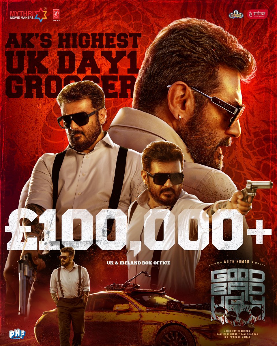 We did it maameyy — secured AK his FIRST EVER six-figure UK opening day with #GoodBadUgly, smashing past £100,000. WE promised, WE delivered — AK’s previous records officially rewritten! 🤑🔥

UK release by <a href="/cinema_boleyn/">Boleyn Cinema</a> &amp; #AhimsaEntertainment ♥️

#AjithKumar <a href="/MythriOfficial/">Mythri Movie Makers</a>