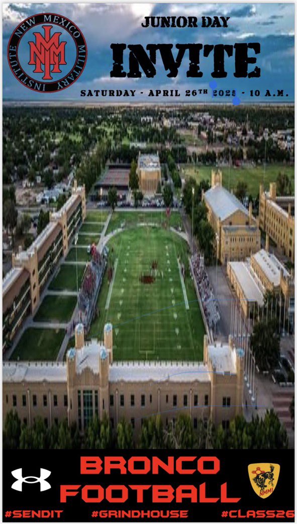 Thank you <a href="/Coach_Watkins33/">Broc Watkins</a> for the junior day invite to <a href="/nmmibroncos/">NMMI Football</a> ! <a href="/CoachZekeV/">Zeke Villegas</a> <a href="/PrepRedzoneNM/">Prep Redzone New Mexico</a> <a href="/PojoaqueElks/">Pojoaque Valley Sports Page</a>