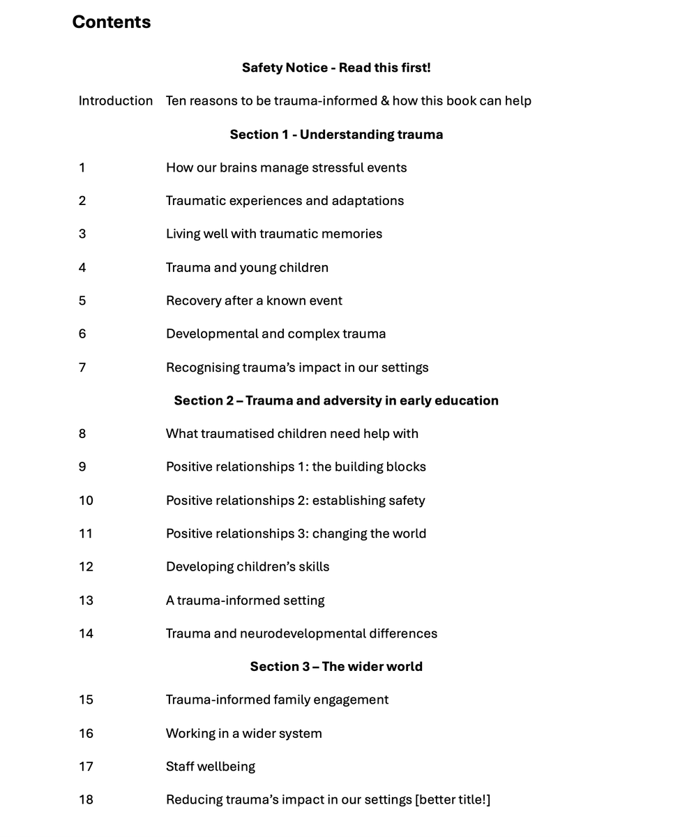 JamesEdPsych's tweet image. Almost finished first draft of book on #trauma-informed practice in #earlyyears education
A nagging suspicion I have left out something important! Here's the contents page - anything missing?