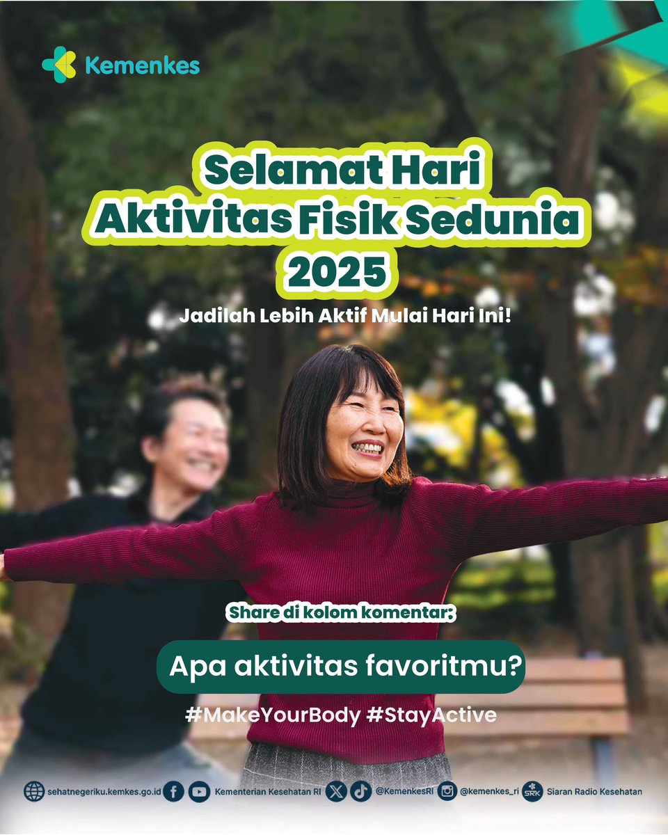 KemenkesRI's tweet photo. Yuk rayakan Hari Aktivitas Fisik Sedunia 2025 dengan mulai gerak dari sekarang!
Enggak perlu nunggu Senin, mulai aja hari ini 🏋️♂️🏃♂️
#MakeYourBody
#StayActive https://t.co/GpUsLjSmpM